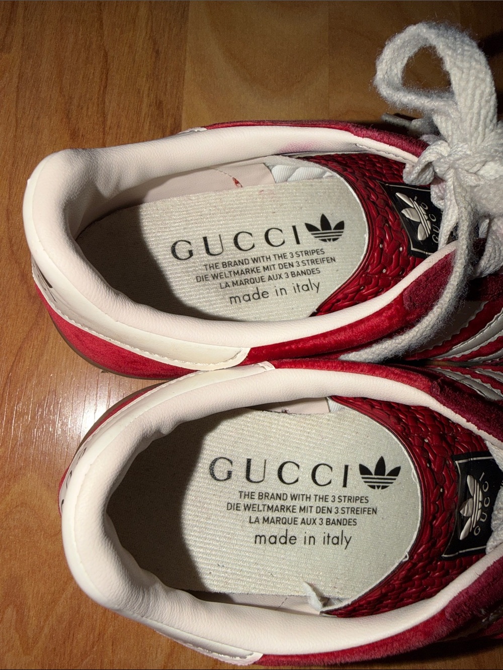 Gucci X Adidas Gazelle Kids Red and White Velvet Suede Shoes - Picture 6 of 12